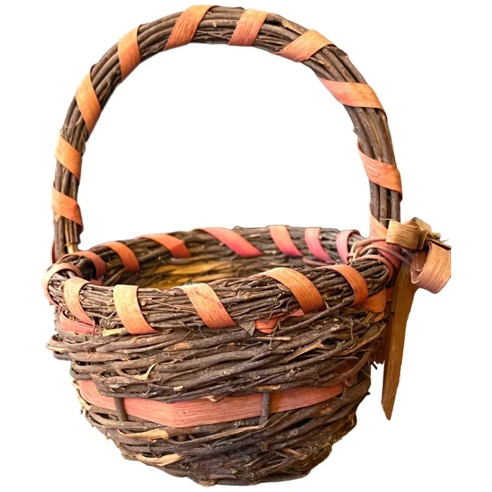 Vtg Shabby Chic Rustic Brown Oval Basket Sticks Twigs Fiber Bow & 